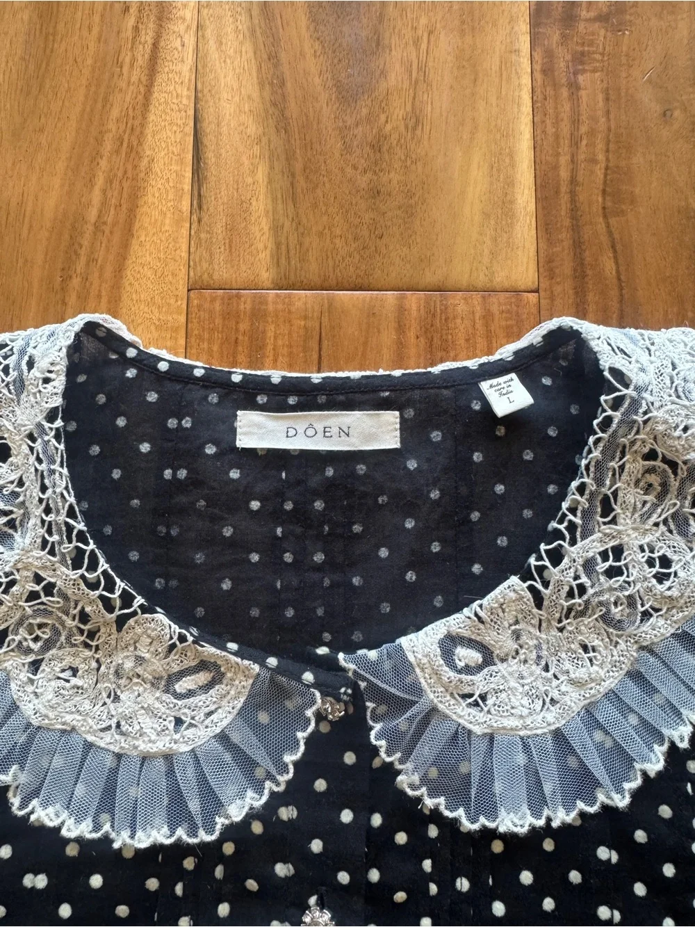Doen Oleta blouse Lace-Collar Puff Sleeve Polka Dot Top 100% cotton